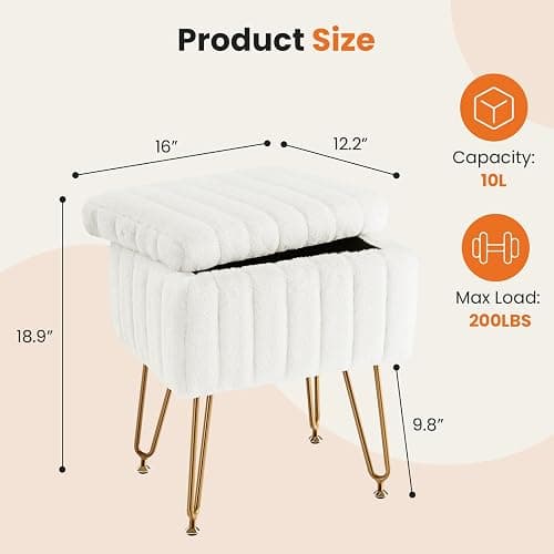 Sweetcrispy Vanity Stool Chair with Storage, Ottoman Faux Fur Soft Padded Makeup Footstools Seat with 4 Metal Legs Anti-Slip Adjustable Feet Modern Cute Small Footrest for Home Entryway Bedroom White thumbnail 3