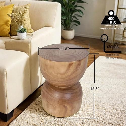 Small Wooden Side Table, 15.75" H Hand Carved Rustic Tree Stump End Table, Natural Paulownia Wood Compact Round Coffee Table, Mini Indoor Outdoor Wood Stool for Living Room, Bedroom, Patio, Garden - 230046N thumbnail 2