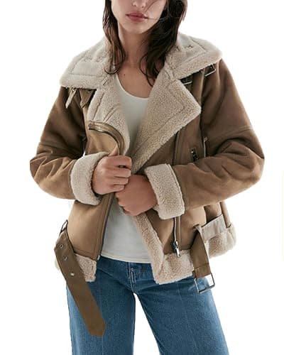 LY VAREY LIN Women's Faux Shearing Moto Jacket Thick Lined Parka Winter Shearling Coat Leather Jacket thumbnail 2