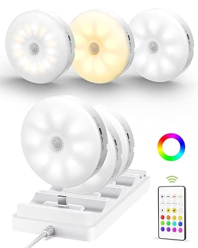 EZVALO Under Cabinet Lighting with Charging Station,1000mAh Rechargeable Puck Lights with Remote, 3 Color Temps & 12 RGB Closet Lights, Dimmable Motion Sensor Lights for Shelf, Kitchen (6 Packs) - Image 1