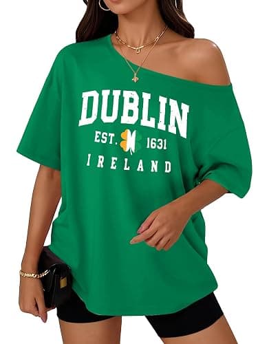 Women St. Patrick's Day Off The Shoulder Tops Shamrock Graphic Short Sleeve Tees Clover Printed Shirts Irish Gift - Image 1