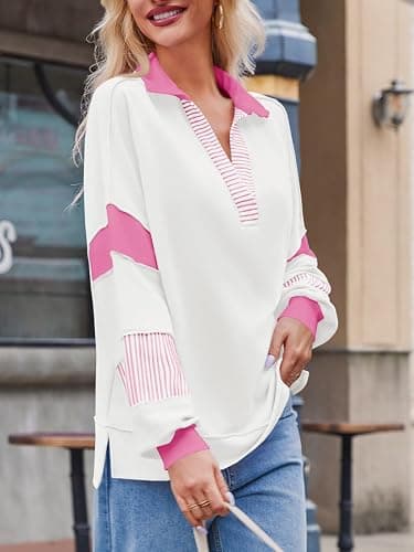 Fisoew Womens Color Block Oversized Sweatshirt Polo V Neck Long Sleeve Shirts Casual Loose Pullover Tops thumbnail 5