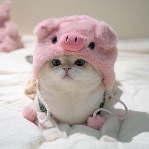 FOSDICK Cat Hat with Ear Holes Soft Plush Chick Pig Design Hats for Cats Funny Hat Cat Outfit Kitten Costume Warm Winter Accessory Soft Small Pet Headwear for Photoshoots and Parties (Yellow, Pink) thumbnail 4