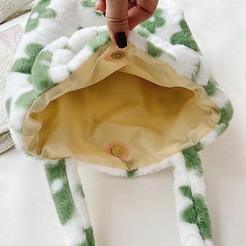 Plush Underarm Bag, Ladies Fluffy Shoulder Bag, Women Furry Flower Tote Bag Y2K Plush Handbag for Autumn and Winter - A01-black Flower thumbnail 6