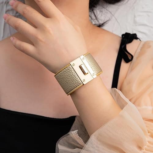 Rantanto Braid Leather Wrap Bracelet Trendy Stackable Crystal Cuff Boho Gold Heart Bracelet Jewelry Gift For Women - Wide Gold thumbnail 2