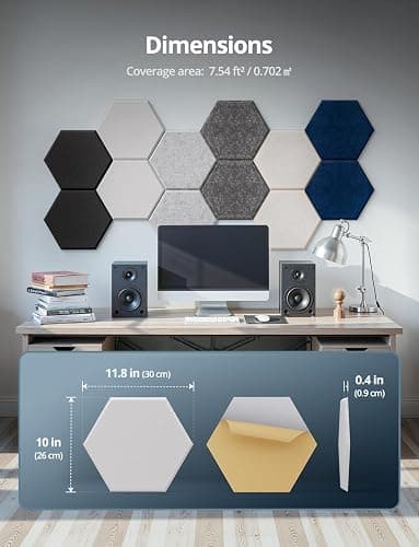 Hexagon Acoustic Panels Self-Adhesive, 12 Pcs High Density Soundproofing Panels for Ceiling/Door/Wall Decoration and Acoustic Treatment (12" X 10.5" X 0.4") thumbnail 9