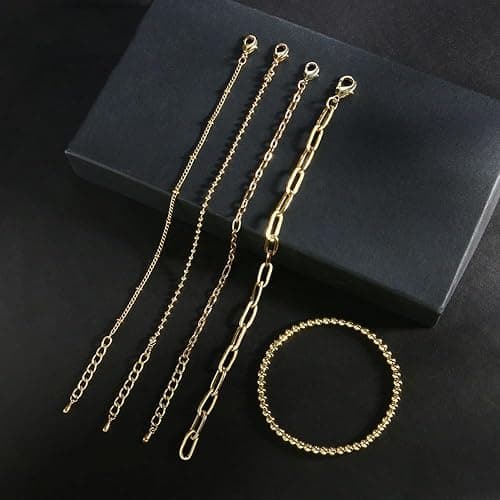CYWQ 14K Gold Chain Bracelet Sets for Women Girls Dainty Gold Paperclip Link Bead Bracelet Layered Metal Link Bracelet Fashion Jewelry thumbnail 4