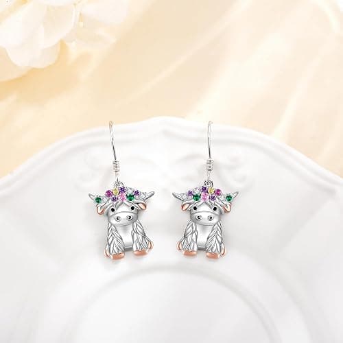 Peacock Highland Cow Earrings 18K White Gold Plated Animal Dangle Drop Earrings Jewelry Gifts for Women Lovers thumbnail 7