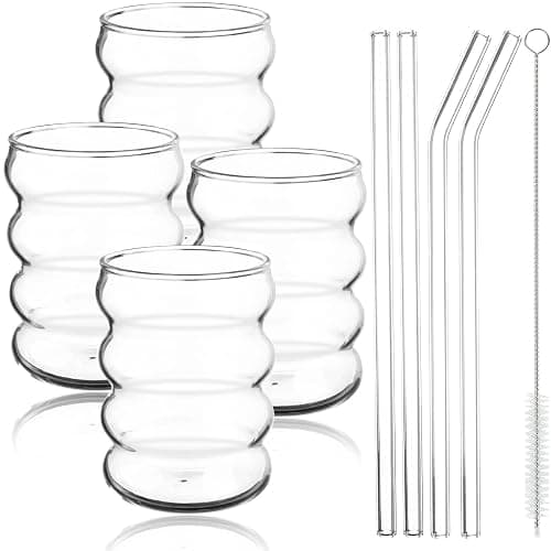 SevenMye 4 Pack Creative Beer Glasses Cups Ripple Shaped Vintage Clear Drinking Glasses with Straws Set Cute Drinking Glasses Coffee Glasses Ribbed Glassware Aesthetic Cups for Kitchen Juice Beverage - Image 1
