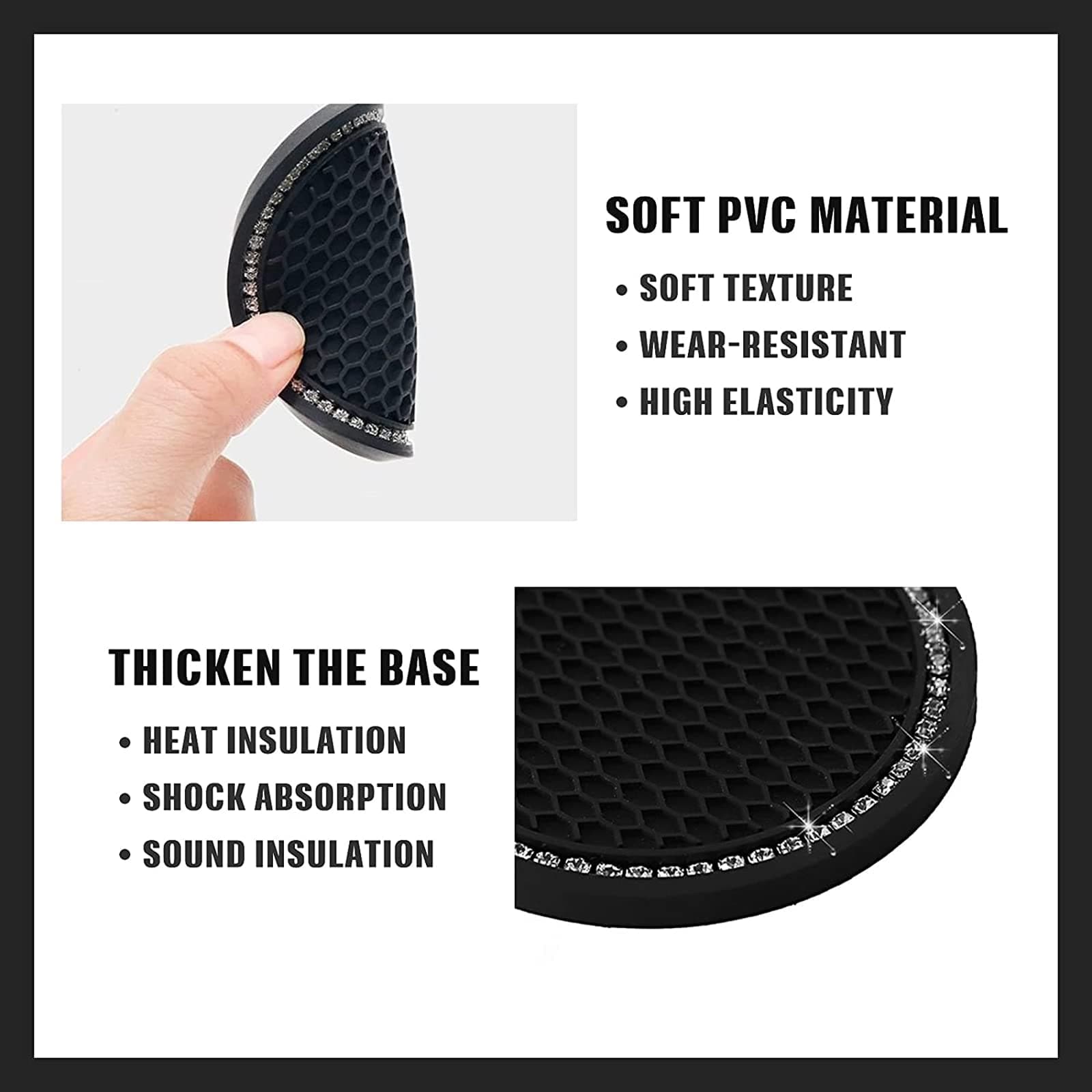 2 Pieces Bling Silicone Anti-Slip Cup Holder Insert Coaster and Engine Ignition Button Ring - Car Interior Accessories With Crystal Rhinestone (Black) thumbnail 3