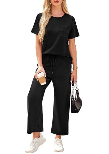 WIHOLL 2 Piece Sets for Women Casual Summer Travel Vacation Outfits Short Sleeve Wide Leg Crop Pants Lounge Sets thumbnail 3