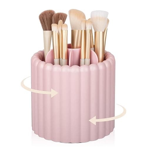 Rotating Makeup Brush Holder Organizer with Removable Dividers, Pink | 7 Slots Make Up Brush Organizer 360 Spinning Cosmetic Storage Pen Holder for Desk, Vanity, Dresser - Image 1