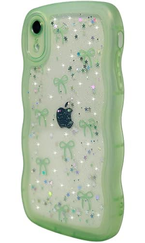 Qokey for iPhone XR Case, Glitter Star & Curved Edge Handle Grip Design, Military-Grade Shockproof Clear TPU Cover, Sparkle Protection Scratch-Resistant, Holographic Sage Green Bow thumbnail 3