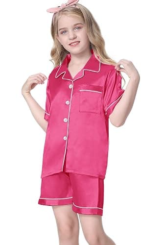 Umeyda Women & Girls Pajamas Set, Soft Satin Lightweight Silk Button-Down Top with Shorts 2 Piece PJS for Mom Boys Kids Gifts thumbnail 2