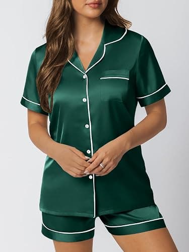 LILLUSORY Silk Satin Pajama Set for Women 2 Piece Lounge Pjs Shorts Matching Summer Sleepwear Button Down Shirt Shorts thumbnail 2