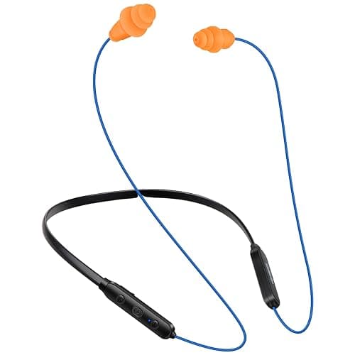 HomeSpot Noise Reduction Wireless Neckband Headphones with Qualcomm aptX HD, 27dB NRR, CVC Noise Cancelling Mic & Controls and 20H Playtime for Work Safety OSHA Compliant - Blue Wire Orange Earbuds - Image 1