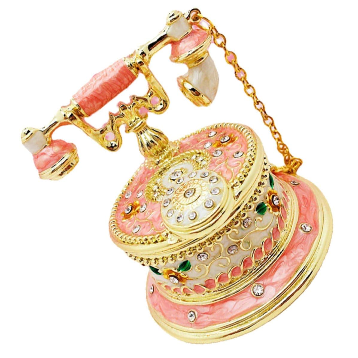 Ipetboom Jewelry Box Pink Telephone Shaped with Alloy Rhinestones Vintage Lightweight Trinket Organizer for Rings, Necklaces and Earrings Table Decor for Home - Image 1