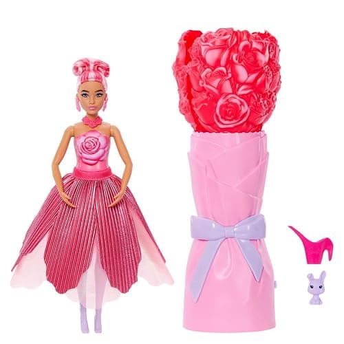 Barbie Petal Pop Scented Doll with Rose Dress & Accessories, Bouquet Reveal with Pet Bunny & Surprises Like Watering Can, Necklace & Earrings​​​ - Image 1