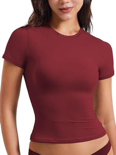 YEOREO Women's Double Lined Fitted Basic Tops Casual Short Sleeve Crew Neck T Shirt Sweeney Y2K Going Out Tee Tops thumbnail 5