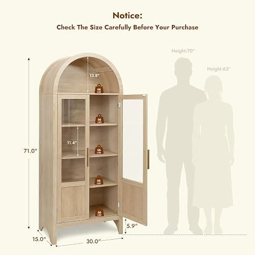 VATROS 71" Tall Arched Storage Cabinet with 2 Doors and 5 Shelves, Modern Pantry Cabinet with Transparent Doors, Floor Cabinet for Living Room, Kitchen, Dining Room, Bathroom, Nature Wood thumbnail 2