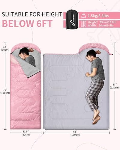 Sleeping Bag, Sportneer Sleeping Bags for Adults Kids 3 Seasons Warm Cold Weather Waterproof Lightweight Camping Sleeping Bag for Adults Kids Boys Girls Teens Camping Hiking Backpacking Outdoor Travel - Pink+light Pink - 87"x31.5" thumbnail 2