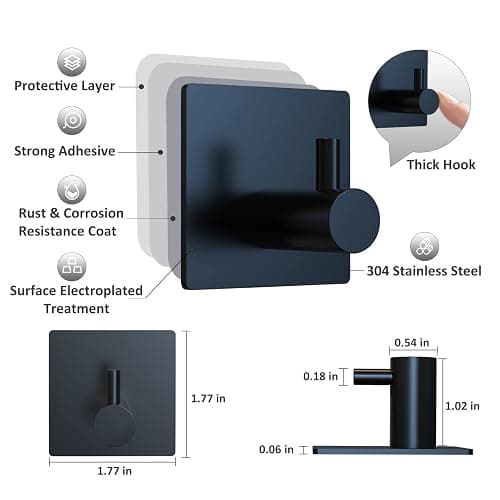 VIS'V Adhesive Towel Hooks, Waterproof Shower Wall Stick on Hooks, 2 Extra Adhesive Strips, Black, 4 Pcs thumbnail 3