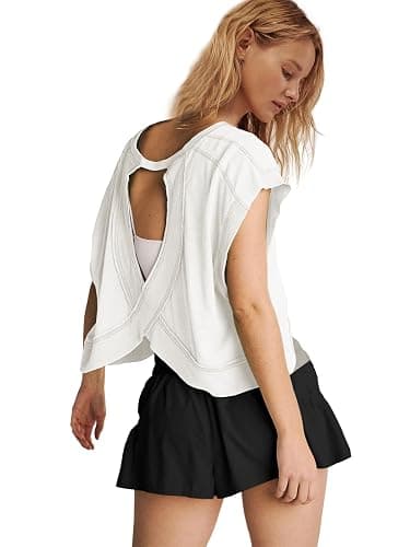 Panadila Womens Open Back Workout Top Oversized Workout T Shirts Backless Athletic Shirt Short Sleeve Baby Tee thumbnail 5