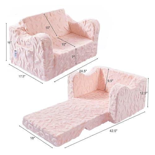 KokoSelene Toddler Chair,  2-in-1 Soft Toddler Couch Fold Out, Convertible Kid Sofa to Lounger, Comfy Kids Couch for Girls and Boys (Pink) - Pink thumbnail 3