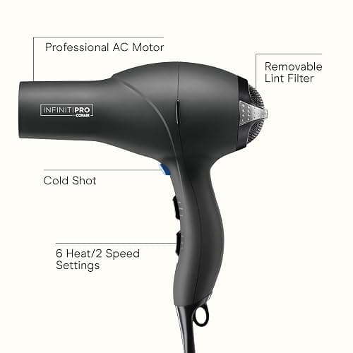 Infiniti PRO CONAIR Hair Dryer with Diffuser, Professional AC Motor, Tourmaline Ceramic Technology Blow Dryer, Includes Concentrator and Blowout Brush, Amazon Exclusive, Gray thumbnail 2