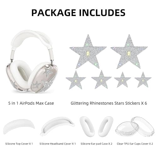 Bling Case Cover for AirPods Max, [5 in 1] Silicone Clear Sparkling Soft TPU Earcup/Ear Pad Case/Headband Cover Glittering Rhinestones Stars Accessories for Apple AirPods Max New USB-C (2024), White thumbnail 6