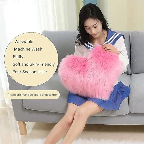 Yanyan Cushions Covers Fluffy Washable Heart Shaped Soft Decorative Cushion Cover for Living Room Sofa Bedroom (Pink) thumbnail 3