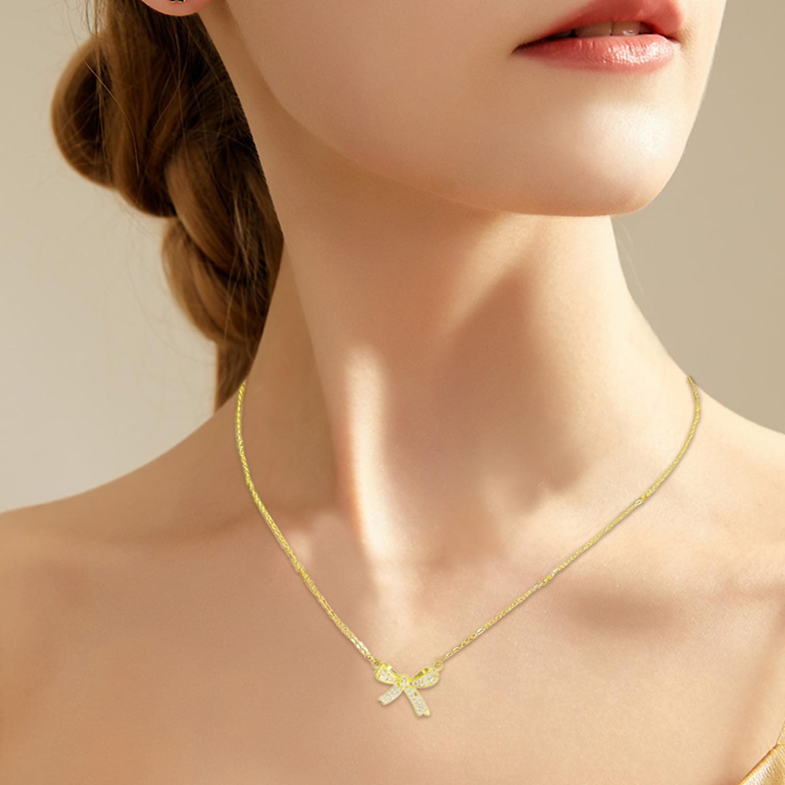 TESTRYE 18K Gold Bow Necklace,Dainty Bow Pendent Choker Necklace Bowknot Bow Tie Necklace for Women Girls thumbnail 7