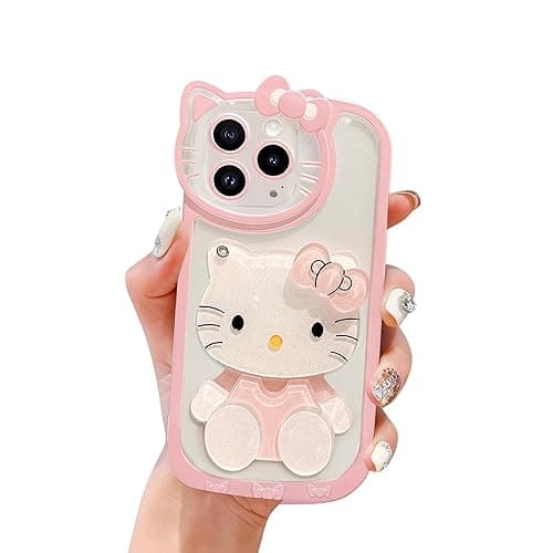 USUGER Cute Kawaii Cartoon Phone Case for iPhone 13 Built-in Makeup Mirror for Women Girls, Soft Silicone Transparent Protective Phone Case for iPhone 13 6.1 Inch, Pink - for iPhone 13
