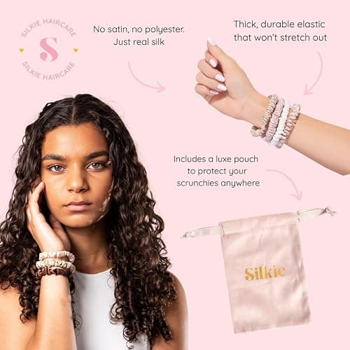 SILKIE x4 Set 100% Pure Mulberry Silk Pink Nude Neutral Skinny Scrunchies Travel Pouch Everyday Hair Ties Elastics Hair Care Ponytail Holder No Damage (Nudes) thumbnail 4