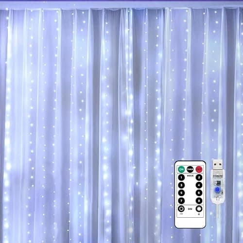 New Fairy Curtain Lights for Bedroom 300 LED, Jezoll Christmas String Lights USB Plug in 8 Modes Wall Hanging Twinkle with Remote Control for Wedding Party Backdrop Decor White (9.8x9.8FT) - Image 1