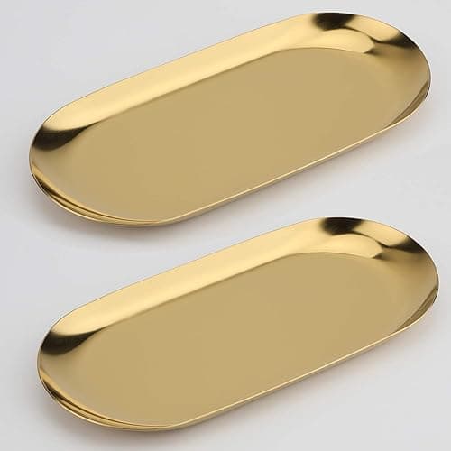 Stainless Steel Decorative Tray, Set of 2, 7 Inch Long, Jewelry Dish Cosmetics Organizer Bathroom Clutter Serving Platter Small Storage Tray, Oval, Gold - Gold