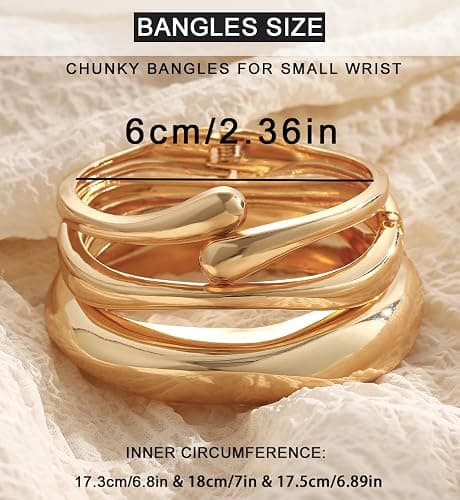 Chunky Gold Bangle Bracelets for Women, Dainty 14k Gold Plated Big Stackable Bangles Set, Trendy Statement Cuff Bracelet Stack Fashion Jewelry Gifts thumbnail 9
