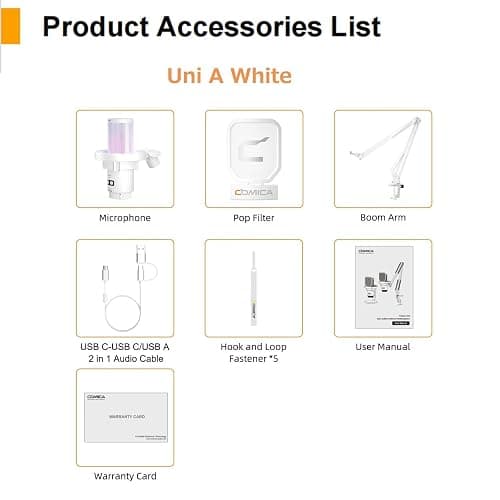 comica EJoy Uni (A)-White USB Microphone for Computer and Smartphone,48Khz/24Bit RGB Cardioid Condenser Gaming Mic for Podcasting,Streaming,Recording,Music Creation,with Boom Arm Stand thumbnail 7