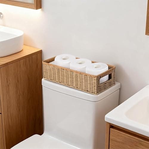 Rectangular Toilet Paper Baskets, 16 ¼"L x 6 ¾"W x 4 ½"H Nesting Plastic Wicker Basket with Built-in Handles, Woven Long Narrow Baskets for Pantry Bathroom Toilet Tank Top Countertop, 2 Pack thumbnail 4