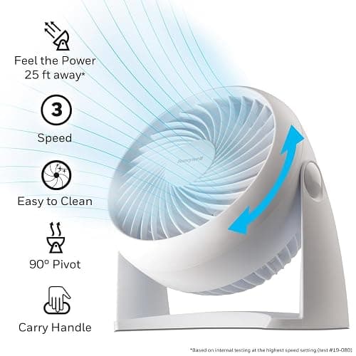 Honeywell HT-904 TurboForce Tabletop Air Circulator Fan, Small, White – Quiet Personal Fan for Home or Office, 3 Speeds and 90 Degree Pivoting Head - White thumbnail 4