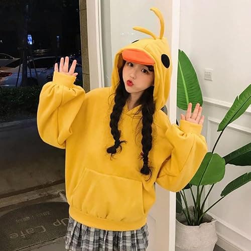 Women Kawaii Duck Cartoon Hoodies Long Sleeve Cute Tops Emo Clothes Yellow Casual Soft Pullover with Pockets thumbnail 4