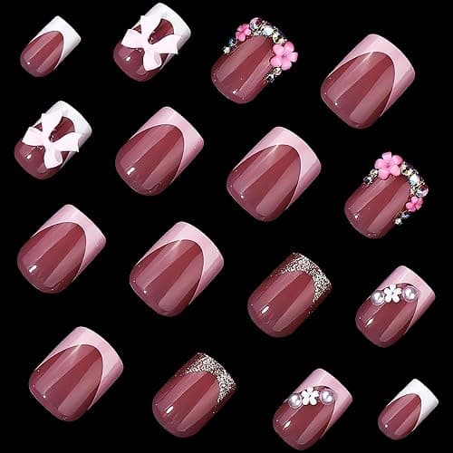 24Pcs Pink French Tip Press on Nails Short Square Fake Nails with Flower Bow Nail Charms Rhinestones Glue on Nails Cute Bows False Nails Artificial Acrylic Nails for Women Manicure Tips Decor - Bow Style-28 thumbnail 2