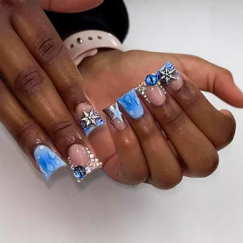 Blue Duck Nail Press ons Star Fake Nails Water Drop with Design Spindrift Glue on Nails French Tip Press on Nails Glossy Artificial Acrylic Nail Eye Rhinestone Stick on Nail for Women Manicure 24Pcs - Image 1