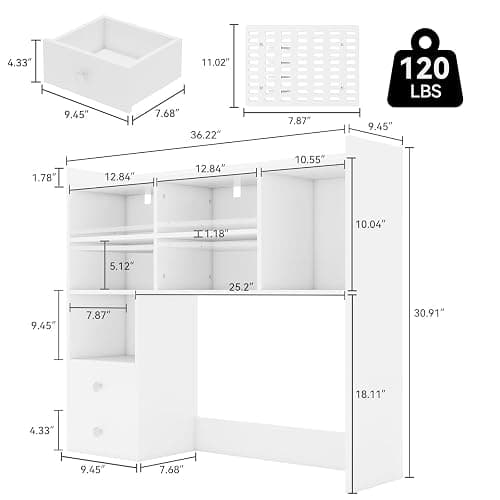 ELECWISH Desktop Bookshelf, Desk Shelf with 2 Drawers for Computer Desk, 36.22" 7-Tier Adjustable Desktop Hutch Organizer with Pegboard for Home Office, White thumbnail 2