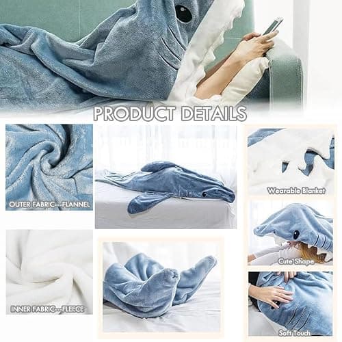 Shark Blanket Hoodie Onesie for Women & Men - Soft Cozy Shark Sleeping Bag - Onesie Costume for Halloween & Xmas thumbnail 5