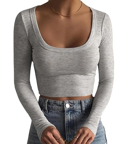 Artfish Women's Square Neck Long Sleeve Ribbed Slim Fitted Casual Basic Crop Top - Large - Heather Grey - Image 1