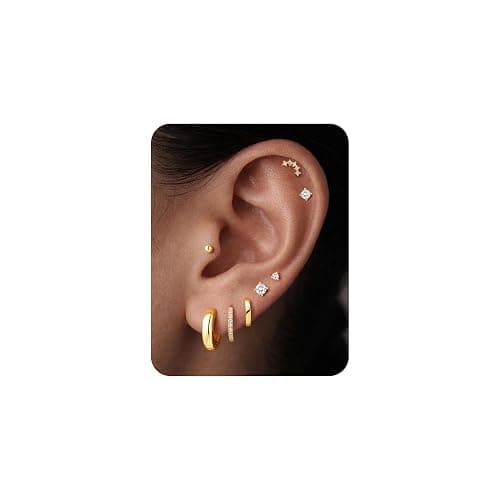 Turandoss Gold Stud Hoop Earrings for Women, Hypoallergenic 14K Gold Plated Small Huggie Hoop Earrings Flat Back Cartilage Earring Stacks Set for Multiple Piercing Gold Earrings for Women - Image 1