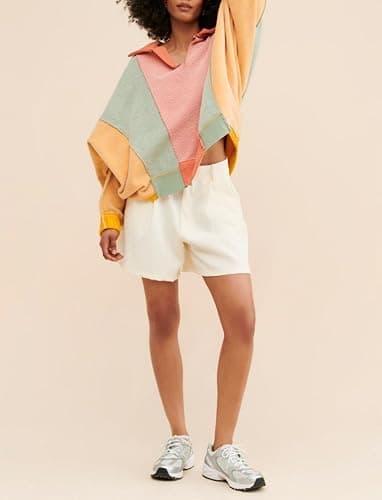 Yuemengxuan Women Fleece Sweatshirts Long Sleeve Colorblock Cropped Oversized Sweatshirt Y2k V-Neck Pullover Tops - Orange - Medium thumbnail 4