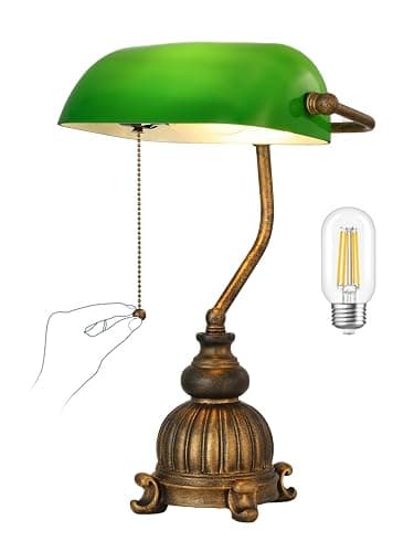 Newrays Retro Green Glass Bankers Desk Lamp for Home Office,Library with Pull Chain Switch Plug in Fixture, LED Bulb Included - Image 1