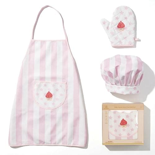 Kid Apron and Chef Hat Set, 3 Pcs Children Cooking Baking Set Kits Role Play Chef Toy Kid Cooking Gift for Girls Boys (Pink) - Image 1